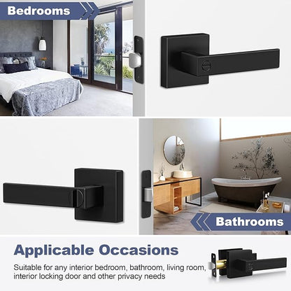 Estmoon 6 Pack Matte Black Door Handle, Keyless Interior Door Knobs Square Privacy Door Levers Heavy Duty Door Locks for Bedroom Bathroom, Reversible Interior Handles for Left & Right Handled Doors