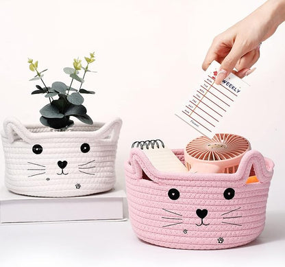 Zopeal Cat Basket Storage Woven Organizer with Ears Easter Decorative Gift Pet Toy Cute Cotton Rope Basket for Gift Cat Dog Toy Bin Nursery Room(8.3 x 4.7 Inch,Pink)