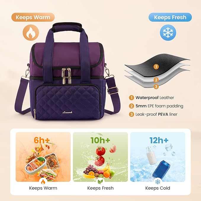 LOVEVOOK Insulated Lunch Bag For Women,Large Double Deck Adult Lunch Box,Teacher Lunch Tote Bag With Cup Holder,Leakproof Cooler Bag With Adjustable Shoulder Strap For Work Picnic Beach