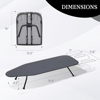 Metal Mesh Panel Tabletop Ironing Board | Foldable Iron Board | Heavy Duty Small Iron Board with Heat Resistant Cover and 100% Cotton 8mm Thicken Pad | 31.5"x11.8"x6.2"