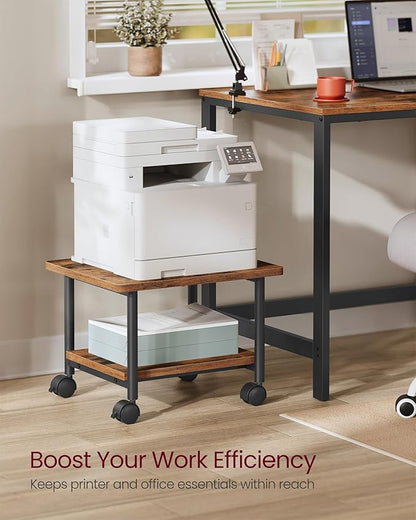 VASAGLE Printer Stand with Locking Wheels, 2-Tier Shelf, Industrial Under Desk Heavy-Duty Mobile Cart for Home Office, Rustic Brown and Black UOPS002B01