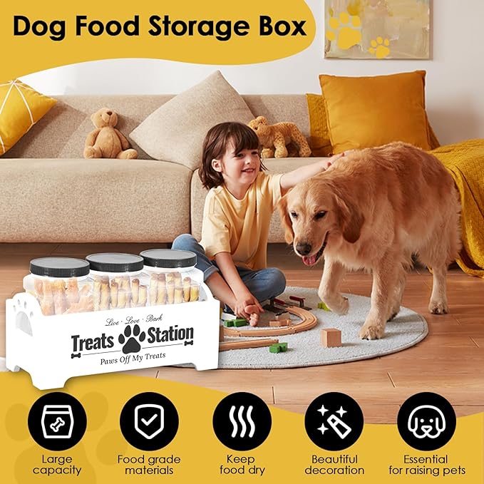 Dog Treat Container, Food Storage Container with 3 Plastic Dog Treat Jars, Reusable Cat Treat Container, Pet Treat Storage Organizer, Wood Dog Treat Holder, Dog Food Container for Dog Cat(white)