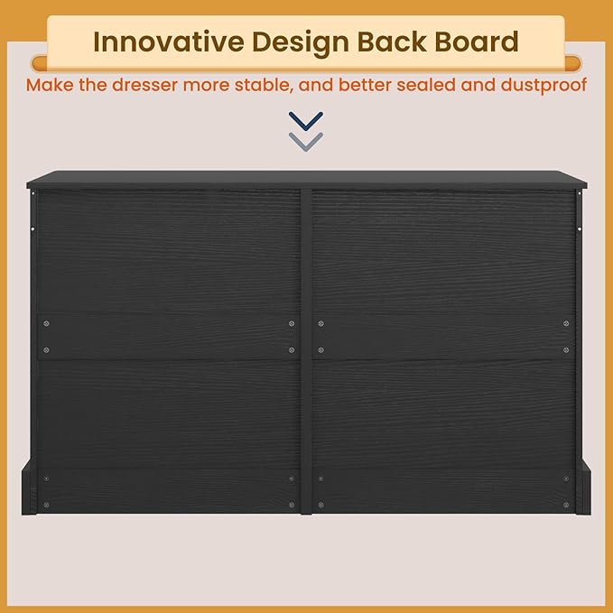 DICTAC 8 Drawers Dresser for Bedroom, Black Large Chest of Drawers, Long Modern Double Dressers, Big Clothing Storage Organizer Closet with Ample Space, 51.6''L x 15.7''D x 37.7''H