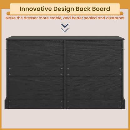DICTAC 6 Drawers Dresser for Bedroom, Black Modern Chest of Drawers, Storage Tower Clothes Organizer Closet, Long Double Dresser with No Handle Drawers, Dimensions 51.6''L x 15.7''D x 29.3''H