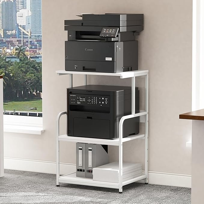 Printer Stand with Storage Shelf,3 Tier Printer Cart with Wheels,Mobile Printer Table for Home Office,Stands for Printer Heat Press Scanner Fax,Industrial Style (White)