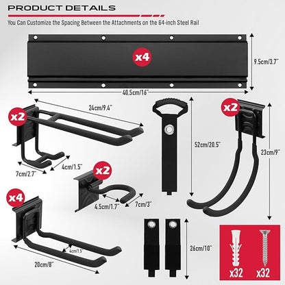 SEDY 64" Heavy Duty Garage Storage Tool Organizer Wall Mount - Tool Rack with Adjustable Hooks, Anti-Rust, 300lbs Capacity - Easy Installation (10 Hooks, 4 Rails, 3 Straps)