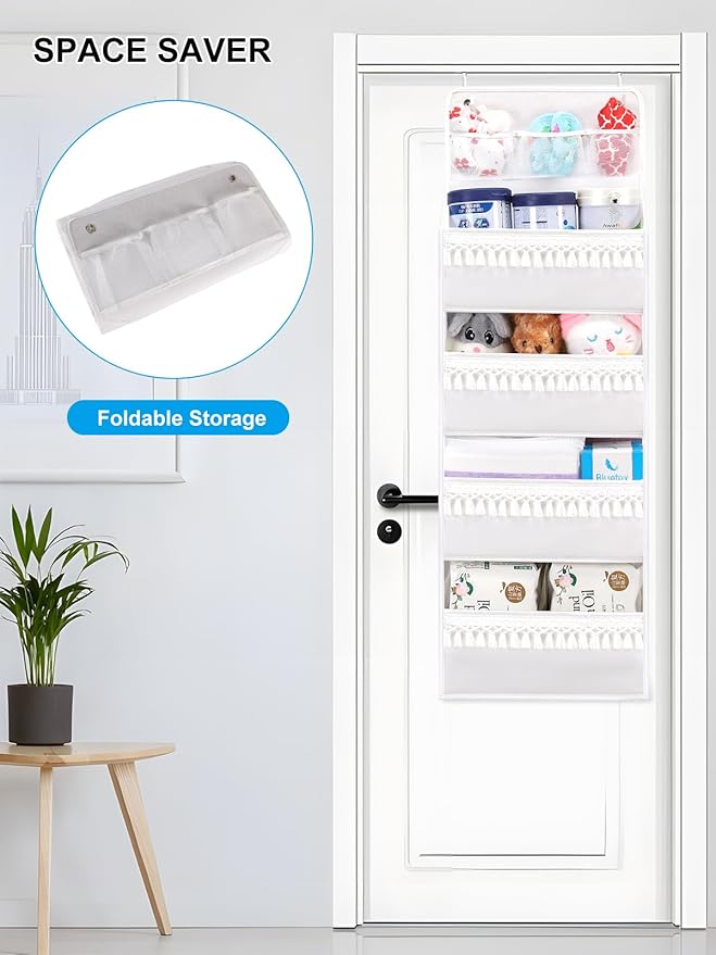 Over the Door Organizer - Boho Nursery Hanging Organizer with Tassels -Oxford Behind Door Storage for Bedroom, Bathroom, Closet, Dorm, Pantry, Diapers, 4 Shelves, White