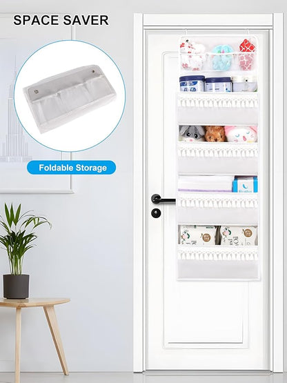 Over the Door Organizer - Boho Nursery Hanging Organizer with Tassels -Oxford Behind Door Storage for Bedroom, Bathroom, Closet, Dorm, Pantry, Diapers, 4 Shelves, White