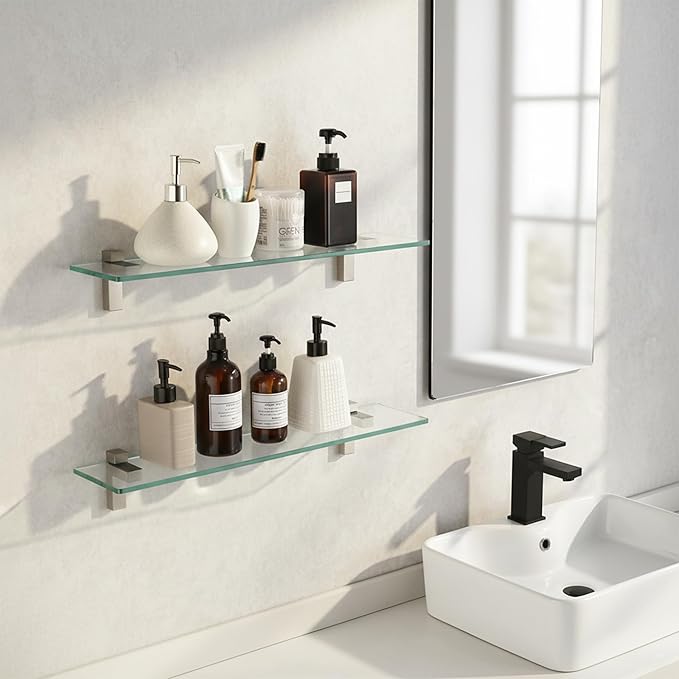 KES Glass Shelves for Bathroom, 24 Inches Bathroom Floating Shelf with Tempered Glass and Brushed Nickel Bracket Wall Mount 2 Pack, BGS3201S60-2-P2