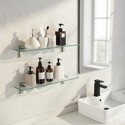 KES Glass Shelves for Bathroom, 24 Inches Bathroom Floating Shelf with Tempered Glass and Brushed Nickel Bracket Wall Mount 2 Pack, BGS3201S60-2-P2