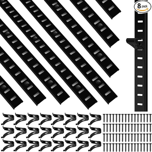 8 Pcs 40 Inch Shelf Pilaster Tracks and 24 Pcs Shelf Clips Adjustable Metal Shelving Rail Mortise Mount Pilaster Strip Standard for Bookcases Cabinet Closet Shelving System (8, Black)