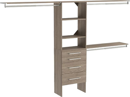 ClosetMaid SuiteSymphony Wood Closet Organizer Kit with Tower, 3 Hang Rods, Top Shelves, 4 Drawers, Modern Adjustable, Fits Spaces 6-10 ft. Wide, Natural Grey