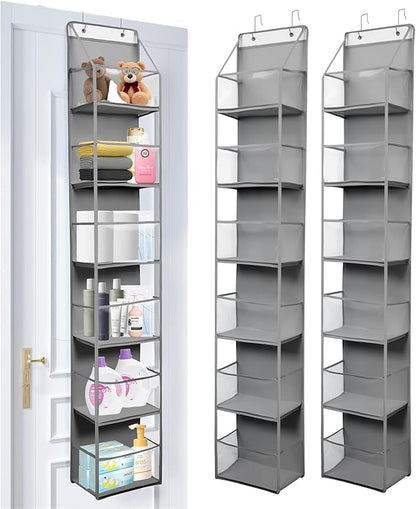 2 Packs Over The Door Organizer - 6-Shelf Hanging Storage Organizer with Clear Plastic Pockets - Large Capacity Pantry Storage Shelf for Bathroom, Bedroom, Nursery (Grey)