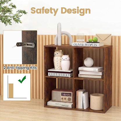 Giantex 4-Cube Bookcase, Cubby Bookshelf w/Back Guardrail & Anti-Tipping Kits, 6-Tier Freestanding Storage Organizer with Shelves, Open Back Display Rack for Living Room, Bedroom, Study