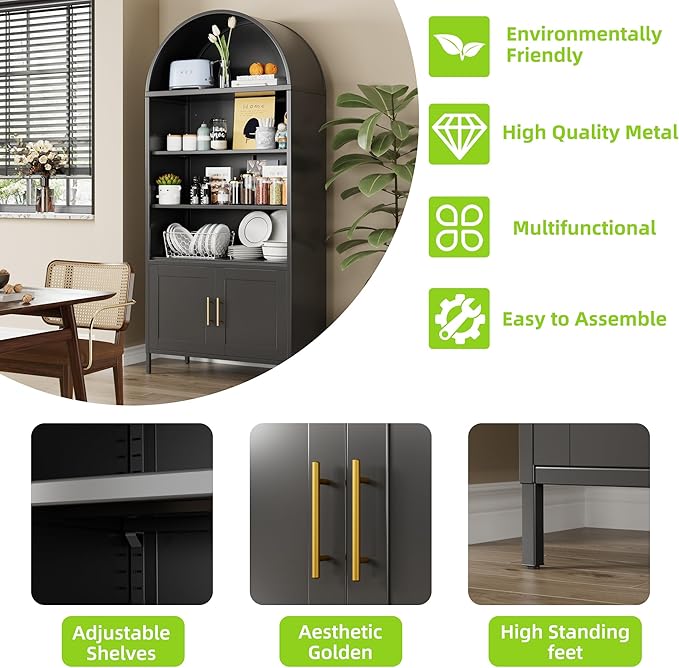 Arched Bookcase with 2 Adjustable Shelves,Black Arched Cabinet for Living Room, Home,Required Assembly,Black,17.7" D x 35.5" W x 78.8" H