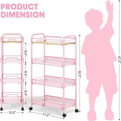 TOOLF 4-Tier Rolling Cart, Metal Utility Cart, Slide Out Storage Cart with Wooden Tabletop and Mesh Baskets, Easy Assemble Trolley for Kitchen Bathroom Laundry Room Bedroom Apartments Dormitory