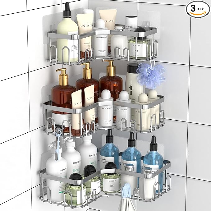 Menbyci 3 Pack Corner Shower Caddy, Adhesive Bathroom Shelves with 18 Hooks, Drill-Free & Quick-Dry Shower Organizer with Large Capacity, Rustproof Stainless Steel Bathroom Corner Storage Rack, Silver