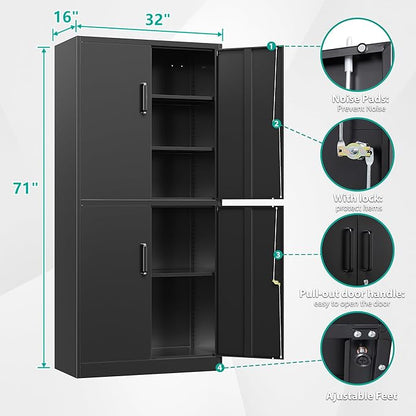 Metal Storage Cabinet with 3 Adjustable Shelves and 4 Doors,71" Garage Storage Cabinet with Lock,Black Metal Cabinets with Locking Doors,Steel Tool Cabinets,Lockable Cupboard for Home,Office,Garage