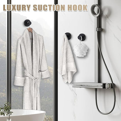 Suction Cup Hooks for Shower No-Drill Bathroom Hooks for Towels, Robes, Loofah Mountable on Bathroom Walls, Kitchen, Glass, Mirrors, Tile and Smooth,Non-Porous Surfaces (2, Matte Black)