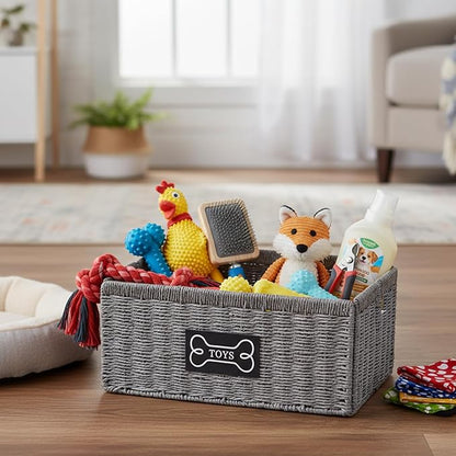 Geyecete dog toy basket,square Living pet toy bin basket Wicker dog toy box Foldable Pet Toy Storage Organizer, Grey Paper Rope & Steel Wire Basket
