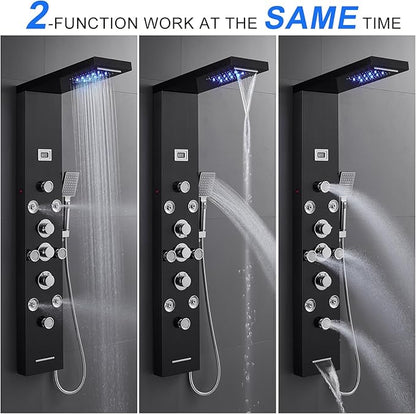 POPFLY 6 In 1 LED Shower Panel Tower System, 8 Body Massage Jets, 304 Stainless Steel Wall Mount Rainfall ＆ Waterfall Shower Column Towers with Temperature Display, Tub Spout, Black