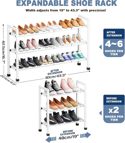 Mavivegue 3-Tier 19"-43.3" Adjustable Shoe Rack for Closet,Expandable Shoe Rack, Hall Entryway,Front Door,Garage, Sturdy Steel Space-Saving Rack, White