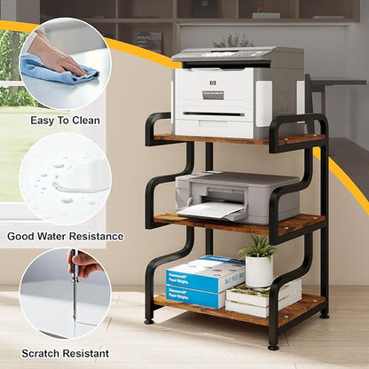 Natwind 3-Tier Printer Stand with Wheels Movable Storage Cart Floor-Standing Multi-Purpose Shelf Rack for Media Player Scanner Files Books Microwave Oven in Kitchen Living Room Home Office (Retro)