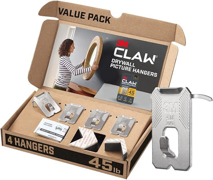 3M CLAW(TM) 45 lb. Drywall Picture Hanger With Spot Markers, Heavyweight Hanging Solution for Room Decor and Office Decor, Including Mirrors or Large Art – 4 Count (Pack of 1)