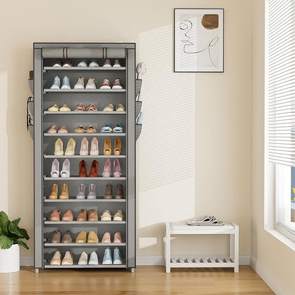 VTRIN Vertical Narrow Shoe Rack Organizer Tall Shoe Rack for Closet Entryway 10 Tier Non-Woven Cover Shoe Shelf Holds 36-41 Pairs Free Standing Shoe Storage Cabinet with Dustproof Cover, Grey