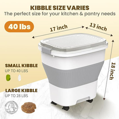 25-40Lbs Rice Container,Collapsible Food Storage Containers with Airtight Clear Lid,Wheels,Rice Storage Container with Small Bin and Scoop,Rice Dispenser for Flour Sugar Cereal Grain Dog Cat