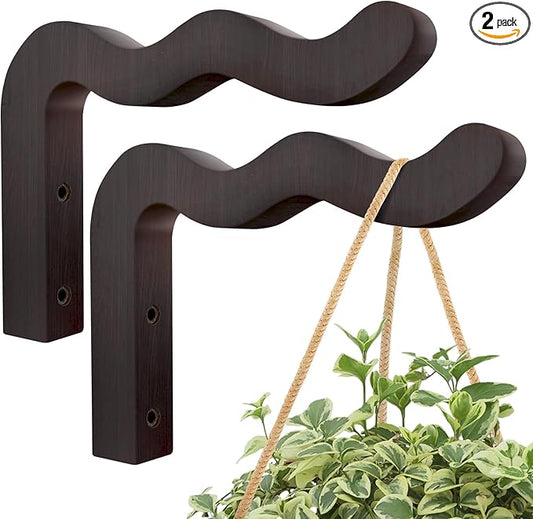 Wavy Plant Hanger Hooks – 2 Pack Rustic Wooden Wall Mounts for Indoor/Outdoor Use, Ideal for Hanging Baskets, Lanterns, and Bird Feeders – Decorative Brackets for Patio and Balcony