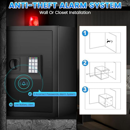 Large Home Safe 3.3 Cuft, Digital Security Safe Box with Smart Alarm System, Wall & Floor Mount Anti-Theft Safe, Removable Shelf & Mute Mode, Safe for Documents, Jewelry, Cash & Valuables