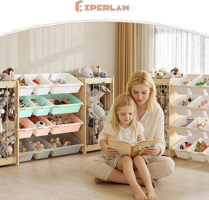 Large Toy Storage Organizer, Wooden Stuffed Animal Storage & 12-Bins Toy Organizer, Double-Sided Plush Toy Holder Featuring Thicker Ropes, Space Save Playroom Bedroom Nursery Storage, Multi