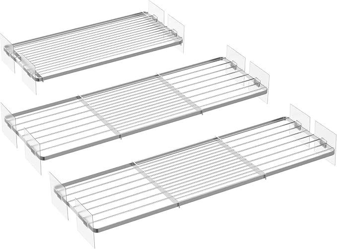 Rod Closet Shelves,Expandable-Large Metal Storage Racks,3 Packs DIY Dividers Separators for Cabinet Wardrobe Cupboard Pantry Kitchen Bathroom (Silver,7.9" D x 17"-31" W,3PCS)