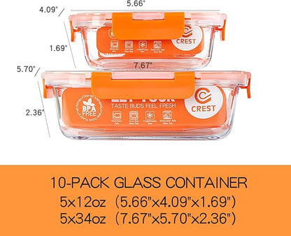 UMEIED 10 Pack Glass Food Storage Containers with Lids Leakproof, Airtight Glass Meal Prep Containers For Lunch, On The Go, Leftover, Dishwasher Safe