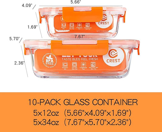 UMEIED 10 Pack Glass Food Storage Containers with Lids Leakproof, Airtight Glass Meal Prep Containers For Lunch, On The Go, Leftover, Dishwasher Safe