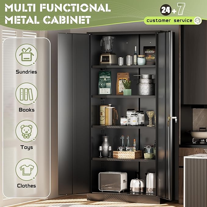 Metal Garage Storage Cabinet, 72” Lockable File Cabinets with 2 Doors and 4 Adjustable Shelves, Steel Tool Cabinets with Lock for Office, Home, Gym, Black