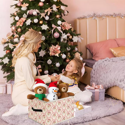 Pink Coquette Bow Santa Christmas Storage Bin Box with Handles, Preppy Grandmillennial Holiday Christmas Foldable Organizer Basket Toybox for Girls Room Bedroom Bathroom Clothes Toys Books