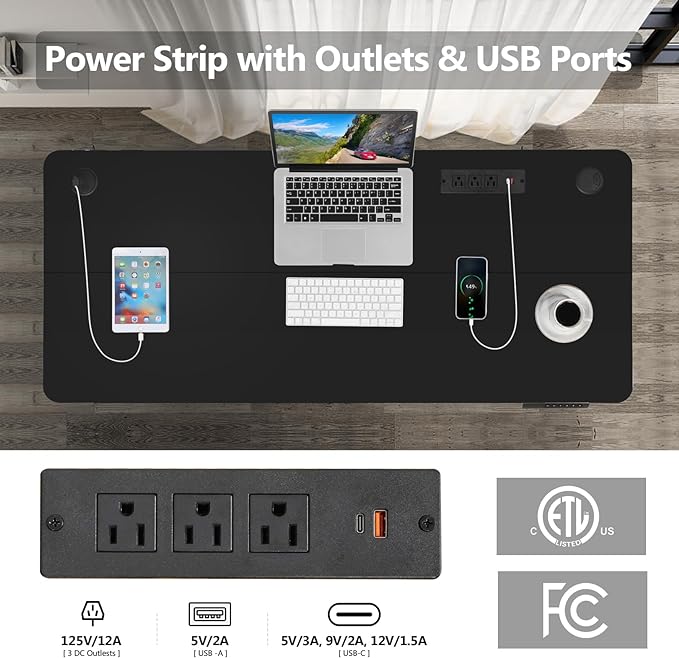 farexon 55 x 24 Electric Standing Desk Adjustable Height with Charging Station, Stand up Desk with Wheels,Outlets, Mouse Pad, Preset Heights Home Office Gaming Computer Workstations Table（Black）