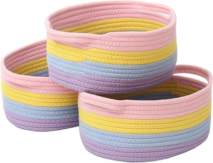 Woven Basket,Small Rope Storage Bin with Handles & Ribbon Bag, Organizer for Shelves Closets,Gift Basket Empty for Birthday,Books,Dog Toys, Rainbow/3 Pack