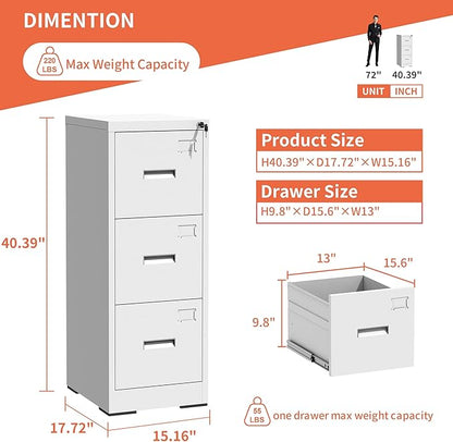 3 Drawer Metal File Cabinet with Lock,White Steel Filing Cabinets Heavy Duty Locking Vertical File Cabinet Home Office Storage Cabinet for Legal/Letter Size File,Assembly Required