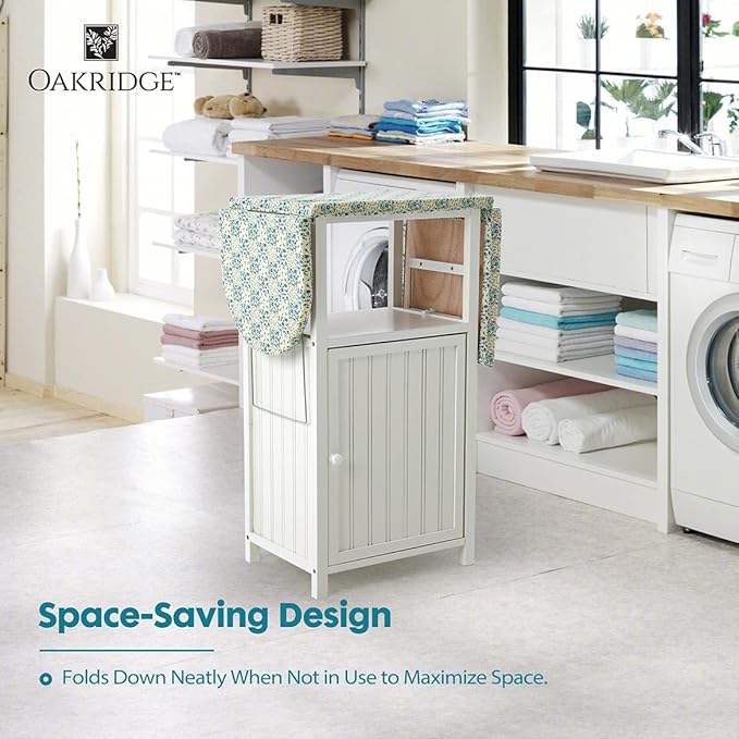 OakRidge Deluxe Ironing Board with Storage Cabinet, Perfect for Small Spaces with Extra Storage, Folding Station, Crafted with 100% Durable Wood, White Design – Measures 36.5" H x 15.5" W x 23" L