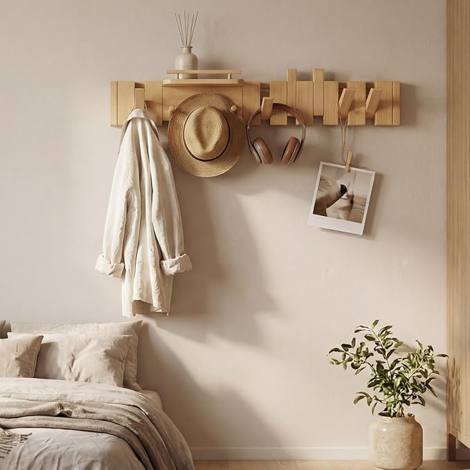 Mid Century Modern Walnut Foldable Entryway Wall Coat Hanger Hook with Shelf,Heavy Duty Wooden Piano Hidden Towel Hooks for Bathroom,Wall Rack for Purse&Key&Mail,Home Decor (Natural, 9 Hooks)