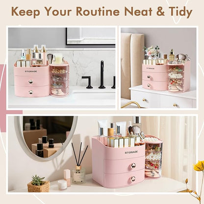 XIAPIA Makeup Organizer Countertop, Make Up Organizer for Vanity, Skincare & Cosmetic Organizers with Drawers, Bathroom Organizers Storage for Brush Holder|Lipstick|Jewelry, Ideal Gift for Women PINK