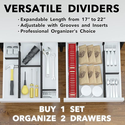 SpaceAid Bamboo Drawer Dividers with Inserts and Labels, Kitchen Adjustable Drawer Organizers, Expandable Organization for Home, Office, Dressers, 4 Dividers with 9 Inserts (17"-22" Black)