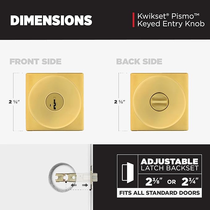 Kwikset Pismo Entry Door Knob with Lock and Key, Secure Keyed Handle Exterior, Front Entrance and Bedroom, Satin Brass, 4 Pack, Pick Resistant SmartKey Rekey Security
