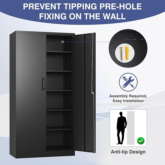 Metal Garage Storage Cabinet,Tall Black Cabinet with Doors and Adjustbale Shelves,Lockable Tool Cabinet for Garage,Basement,Home Office