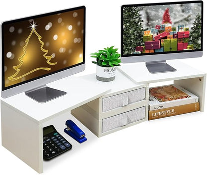 TEAMIX Dual Monitor Stand Riser with 2 Drawers - Length and Angle Adjustable White Monitor Stand with Storage Large Computer Riser for 2 Monitors/Laptop/PC, Wood Screen/TV Stand Desk Organizer