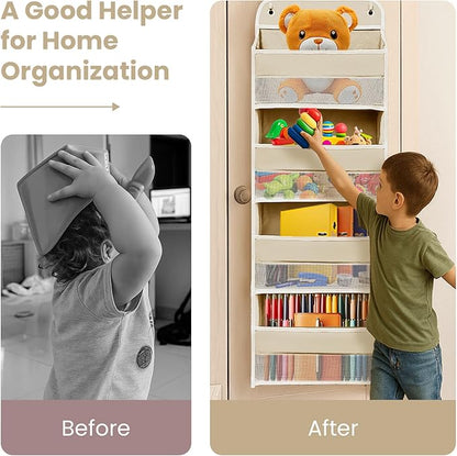 Over the Door Organizer with 4 Side Mesh Pockets, 4 Shelf Capacity Hanging Behind the Door Kitchen Organizers and Storage Suitable for Storing Toys, Shoes, Towels, Lvoy White, 4 Shelf