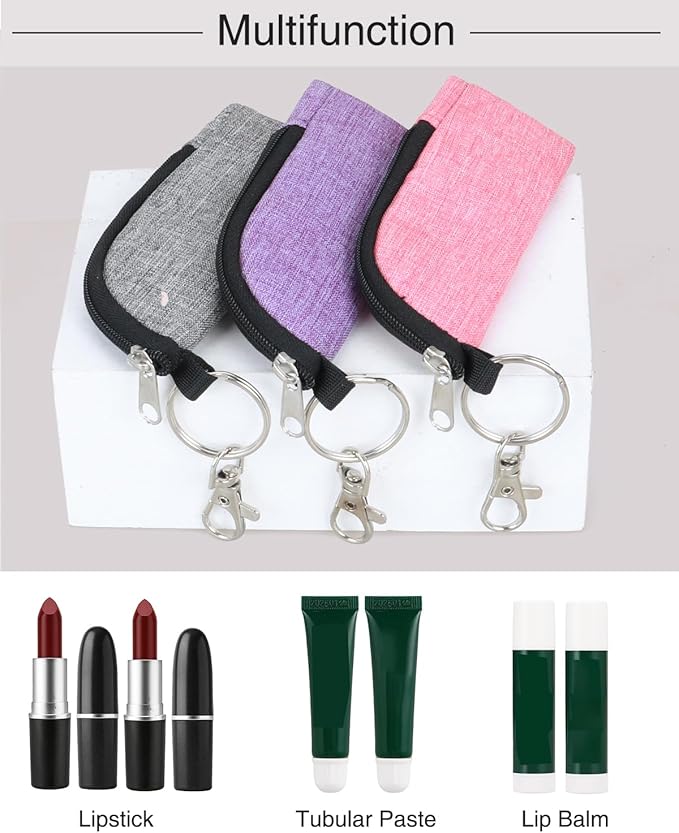 Chapstick Holder Lip Balm Sleeve Pouch Portable Lipstick Holder Bag Lip Gloss Holder With Hook Gift for Women (Grey, rose red, purple)